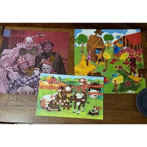 Vintage Jigsaw Puzzles Lot 3 Clowns Farm Three Little Pigs Incomplete